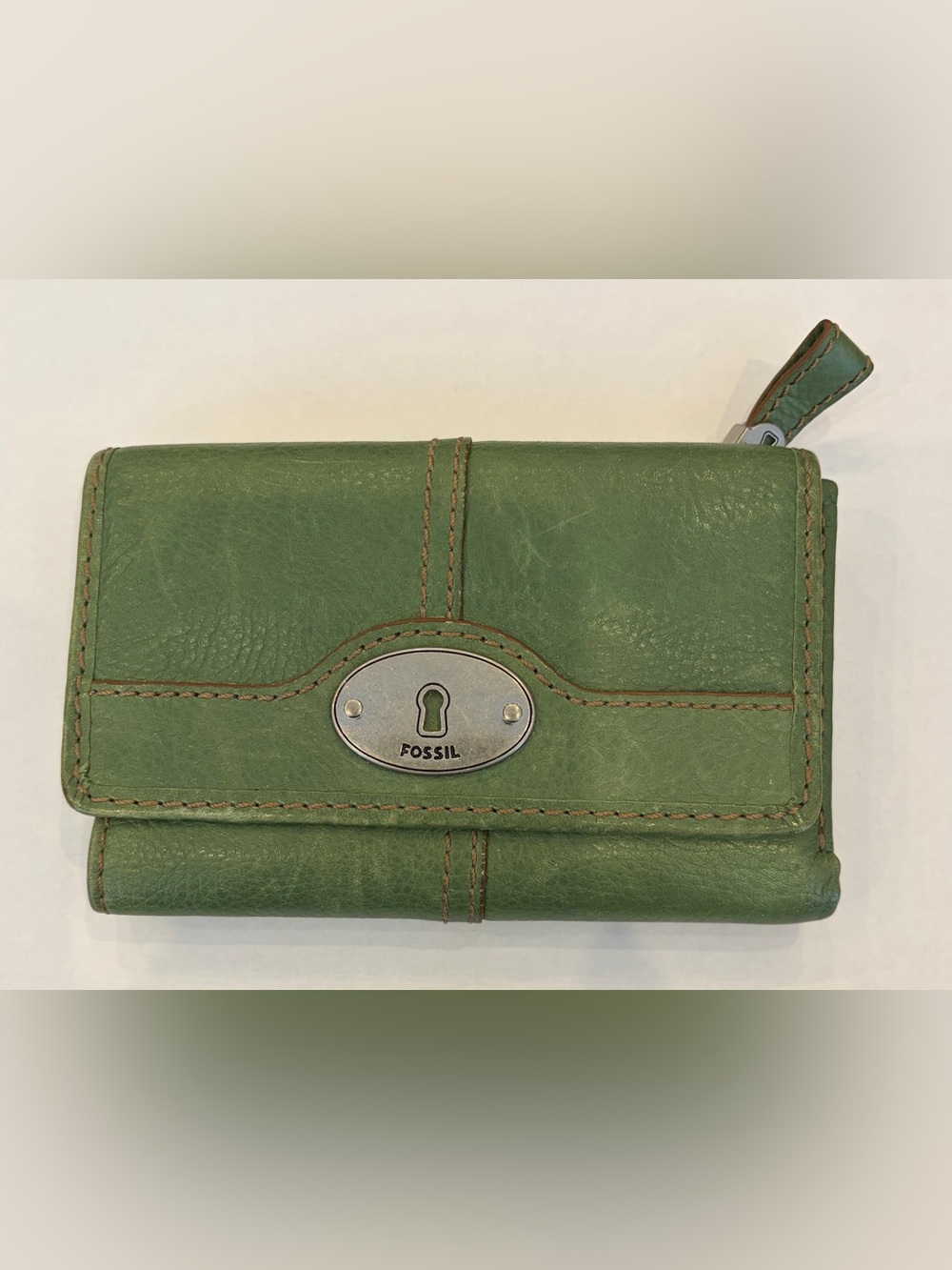 Vintage Fossil Maddox Green Keyhole Leather Trifold Wallet Clutch